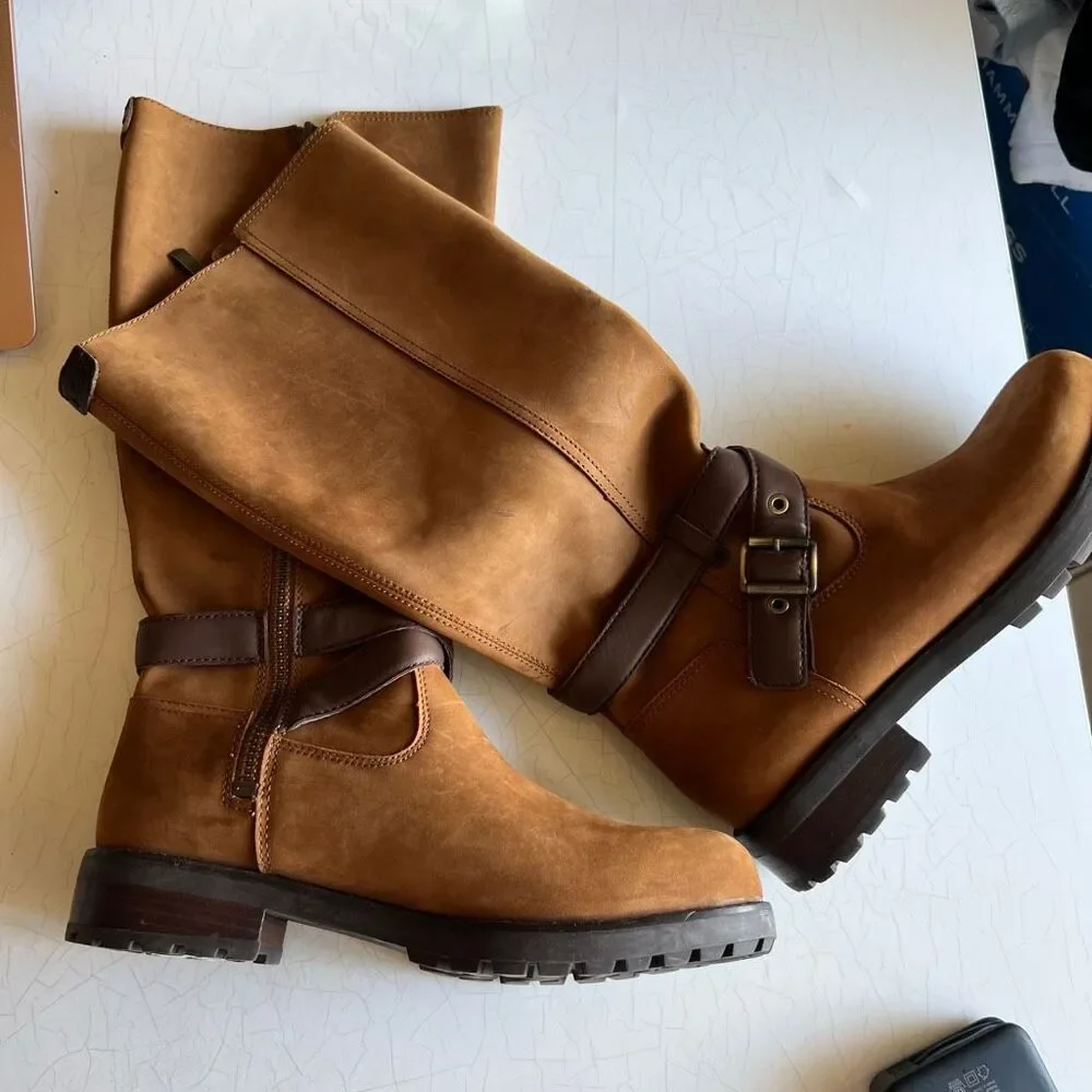 UGG Harington tall suede buckle strap boots in chestnut brown, a side zipper ank